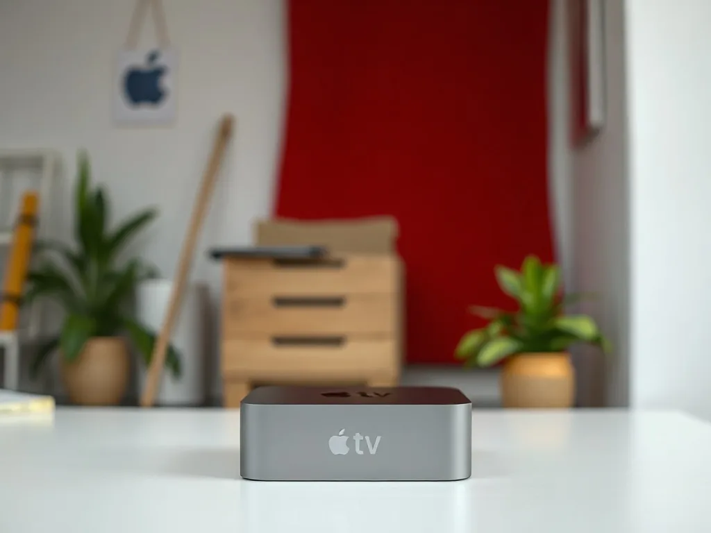 L'Apple TV 2025 posée à côté d'une manette de jeu, dans un salon tamisé