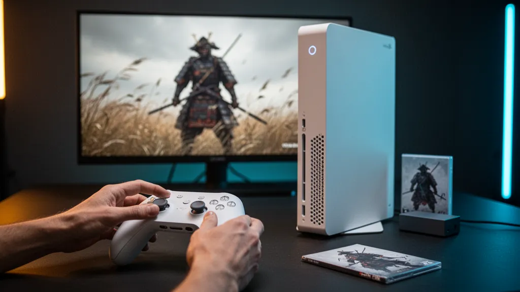 Samouraï sur une colline au coucher de soleil, vent faisant voler des feuilles dans Ghost of Tsushima