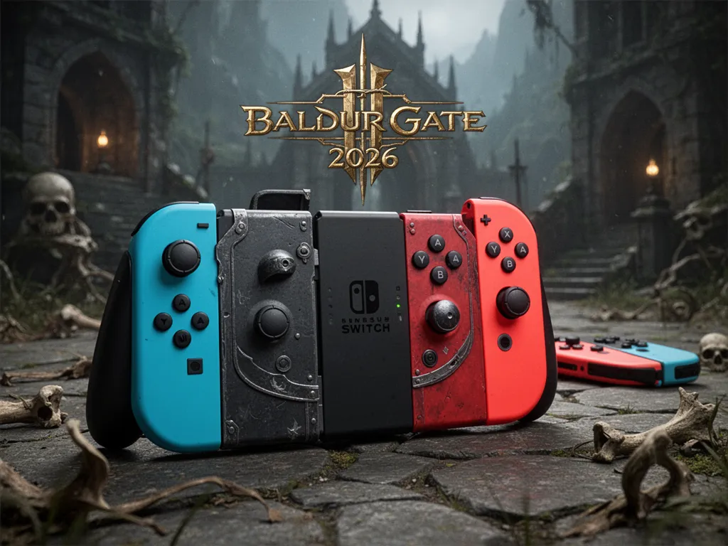 Un personnage de fantasy face à une console portable évoquant la Switch, dans une ambiance sombre de RPG