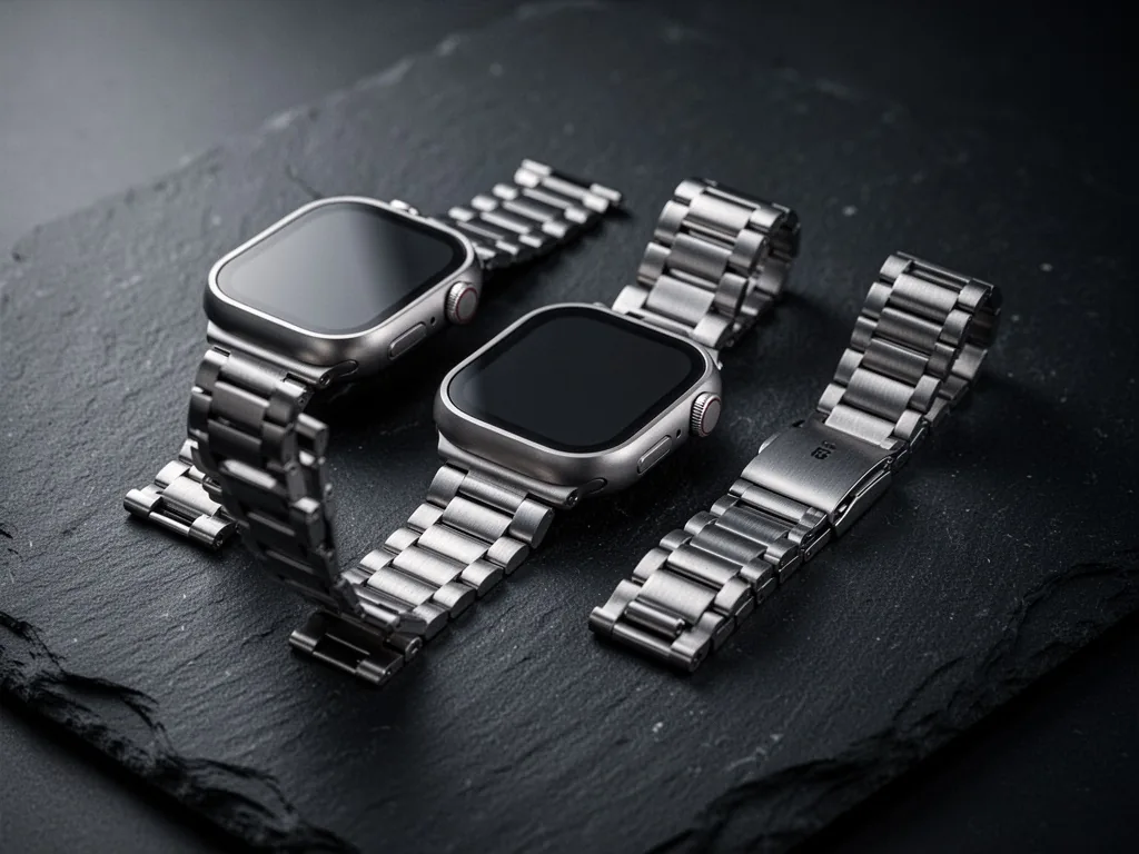 Three titanium Apple Watch Ultra 2 bracelets arranged on a dark slate surface, brushed metal texture, dim ambient light 