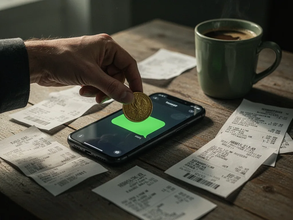 A hand placing a gold coin onto a smartphone with a green chat bubble on screen, scattered receipts and a coffee cup on 