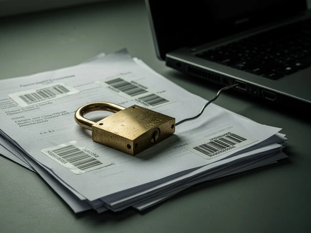 A brass padlock resting on a stack of papers with barcode stickers, a thin wire trailing into a dark laptop socket, cold