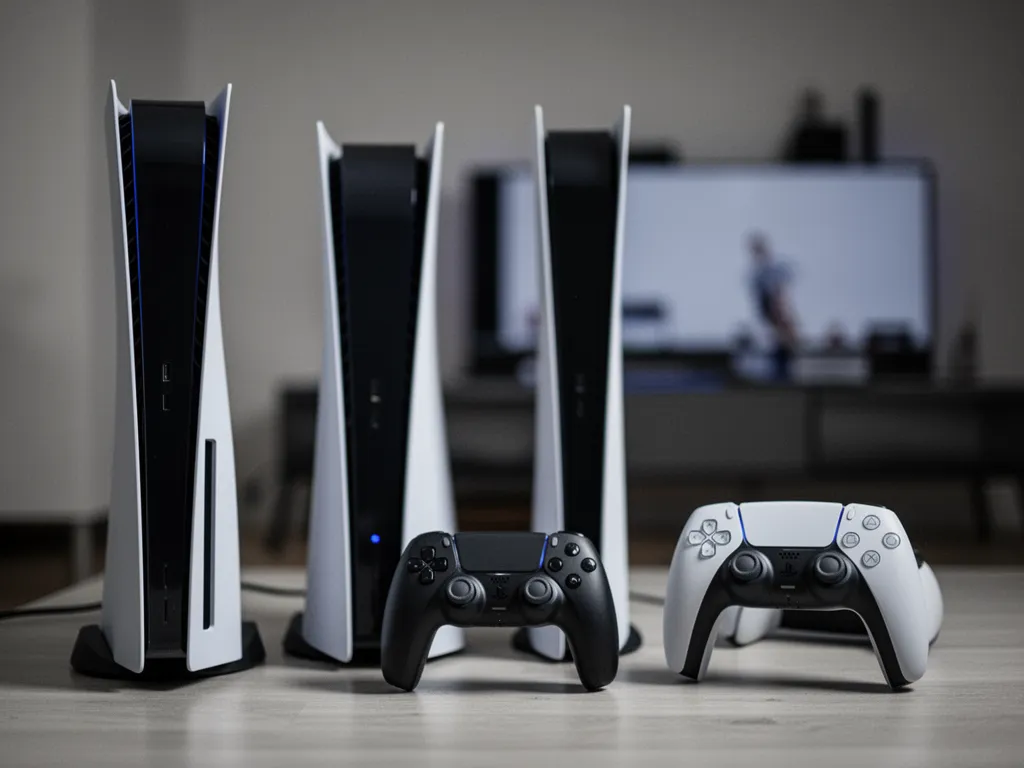 Trois modèles de PlayStation 5 alignés : l'édition Standard, la Slim et la Pro, leurs lecteurs de disque et leurs façades contrastées.