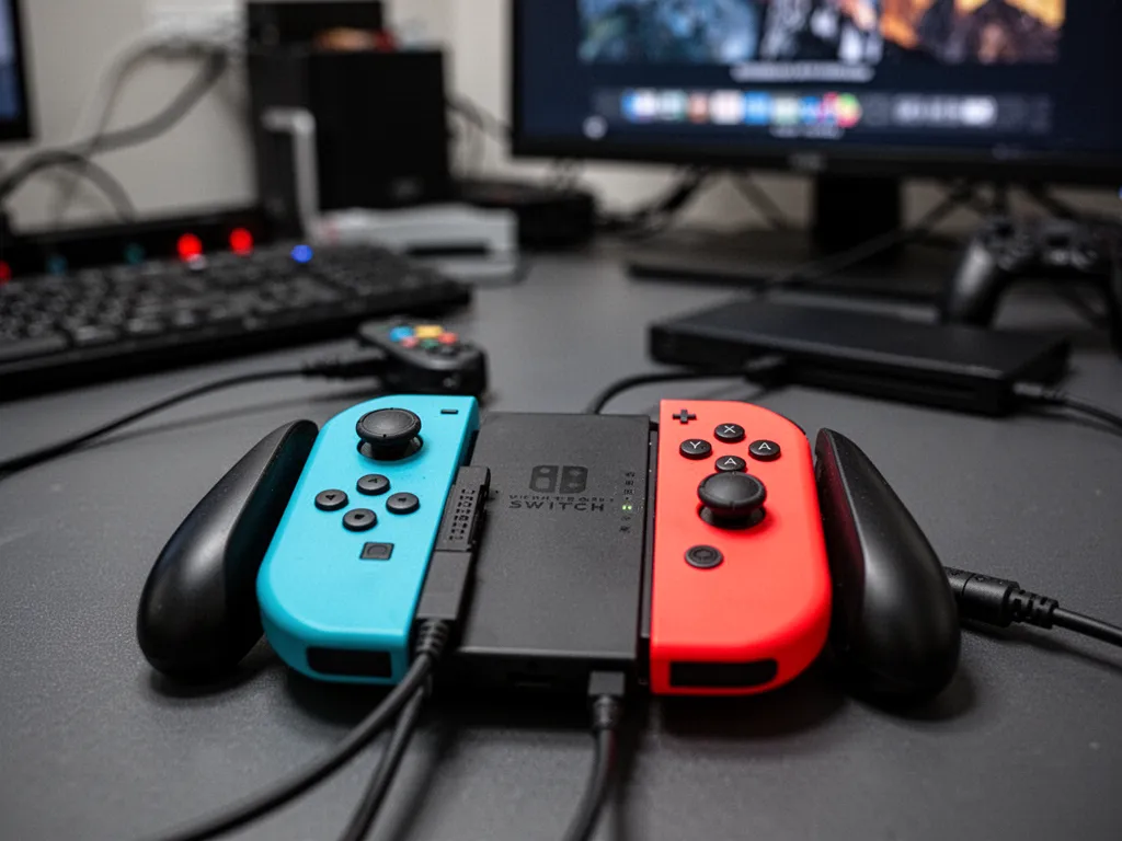 Deux Joy Con Nintendo Switch posés à côté d’un PC portable avec menu Bluetooth affiché