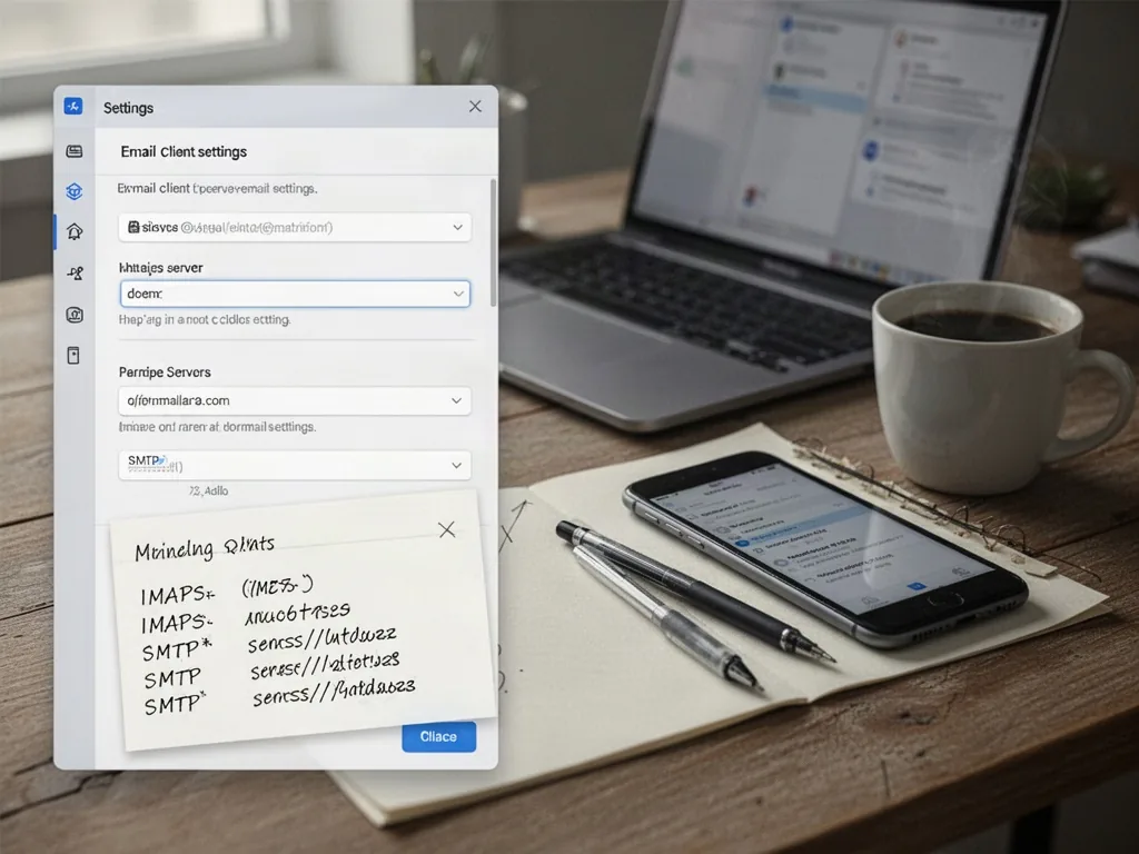 An email client settings screen beside a handwritten note listing IMAPS and SMTP server details, laptop, smartphone, and
