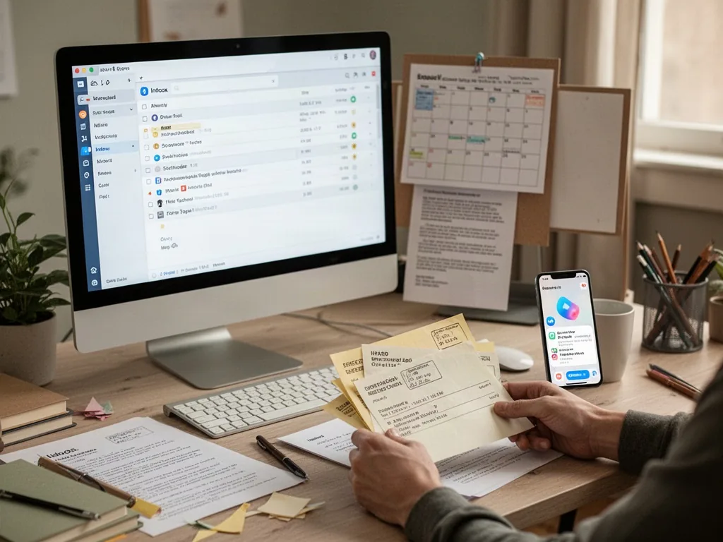 A computer displaying an organized inbox next to a calendar, attached document, and smartphone notification, hands sorti