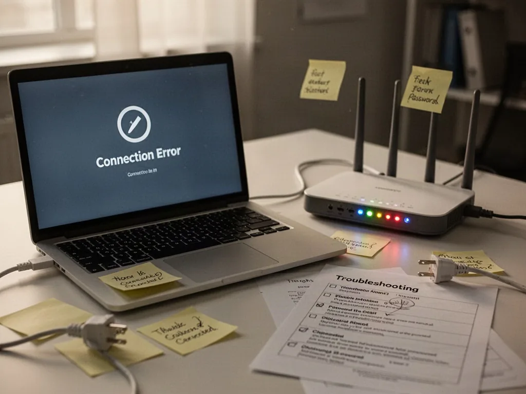 A laptop showing a connection error beside a router with blinking lights, sticky notes of passwords, unplugged cable, an