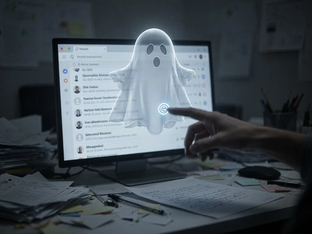 A translucent ghost-like pop-up window floating above a crowded inbox, a blurred hand hovering over a microscopic close
