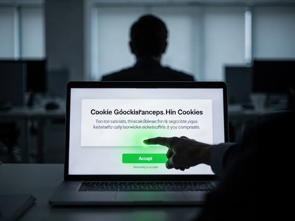 A website cookie banner blocking the lower half of a laptop screen, an outstretched finger pressing a glowing green acce