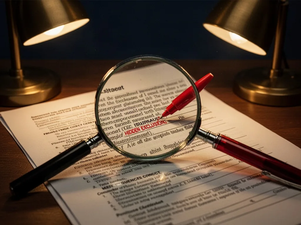 A magnifying glass enlarging tiny dense clauses on an insurance contract page, a red pen tip pointing at a hidden exclus