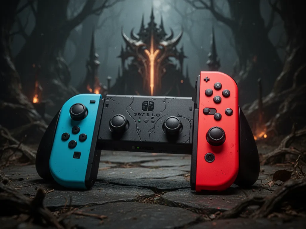 Logo de Diablo IV sur fond sombre, juxtaposé à une Nintendo Switch éteinte, l'écran noir reflétant des flammes