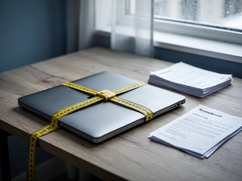 A yellow measuring tape wrapped around a closed laptop resting on an uncluttered wooden desk, beside a small stack of bu