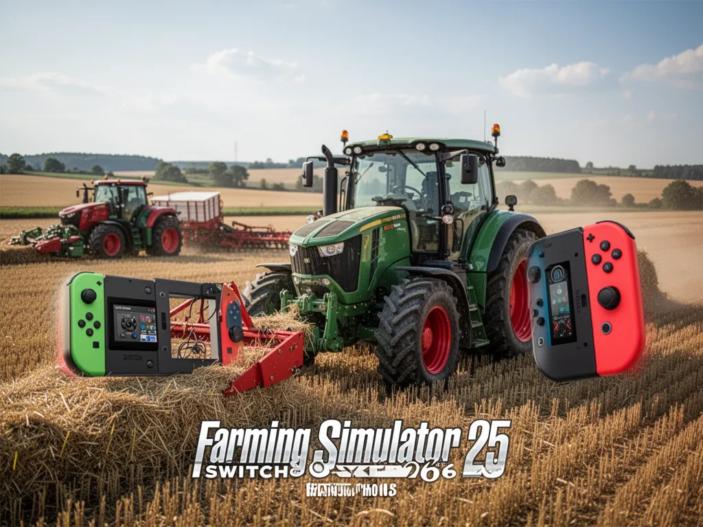 Cartouche Farming Simulator 25 posée à côté d'une Nintendo Switch 2 sur un bureau en bois