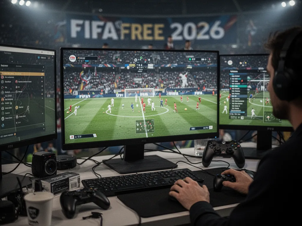 Écran de PC affichant un jeu de football avec manette, interface de téléchargement et menu de modes de jeu