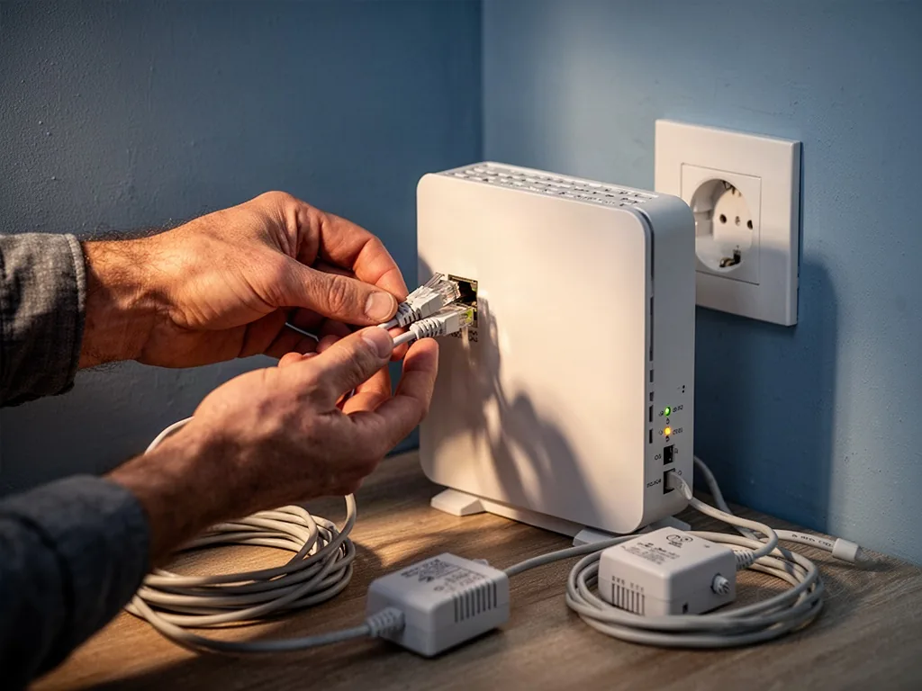 A homeowner carefully checks an xDSL cable connection, guiding the plug into a white router with smooth blank casing bes