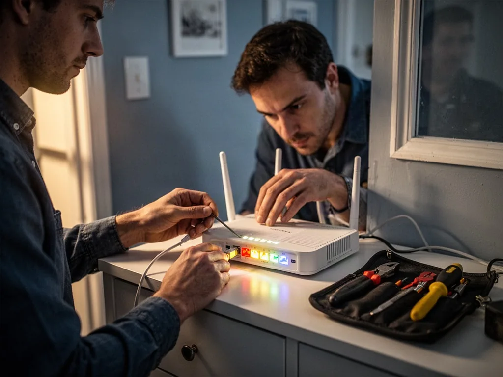 A focused technician examines the router’s glowing status lights, tracing the incoming line with one hand while the whit