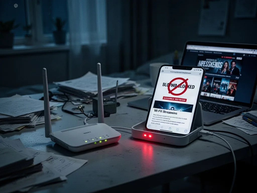 A smartphone displaying a blocked streaming webpage beside a Wi-Fi router with blinking red light, laptop half-open on a