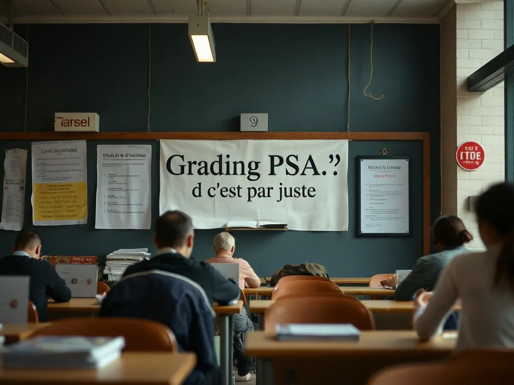 Un slab PSA avec une carte Pokémon posé sur un bureau en bois, à côté d'une loupe et d'un carnet de notes.
