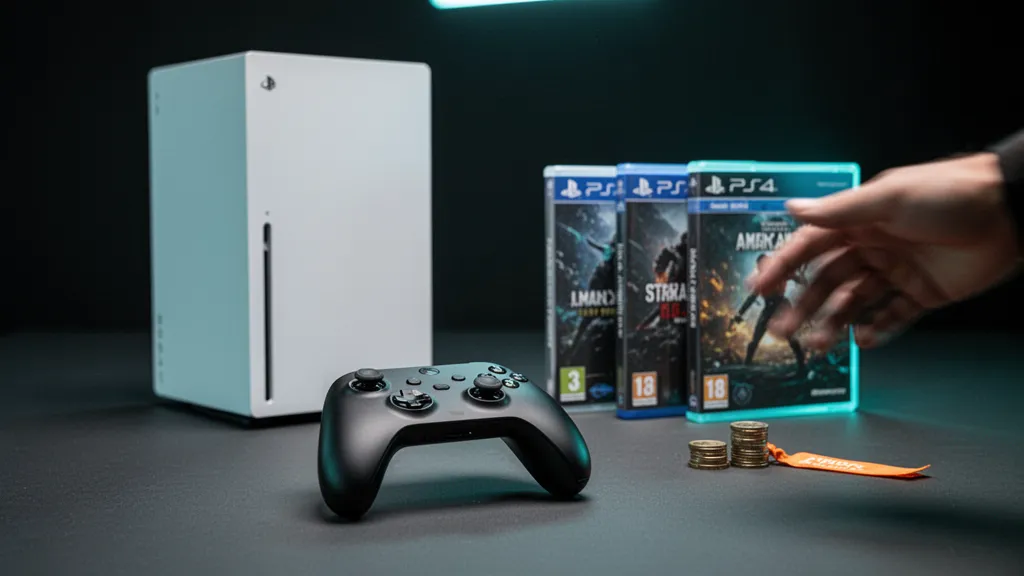 Boîte virtuelle d'un jeu vidéo avec l'inscription 'Précommande', manette posée à côté