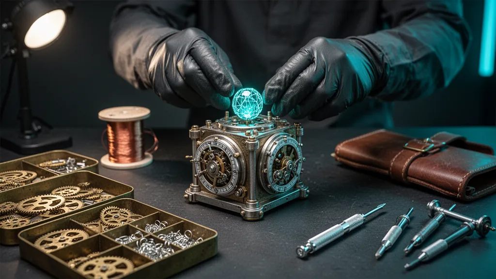 Personnage de WoW Classic maniement un engin d'ingénierie, plans et composants étalés autour