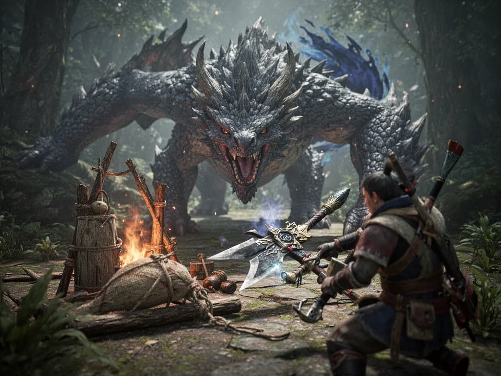 Un chasseur débutant face à un Grand Izuchi dans Monster Hunter Rise, suspendu en plein saut grâce au filoptère.