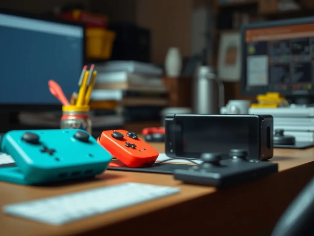 Une Nintendo Switch posée à plat, l'écran affiche le menu Homebrew Launcher avec plusieurs applications non officielles, un câble USB-C branché sur le côté.