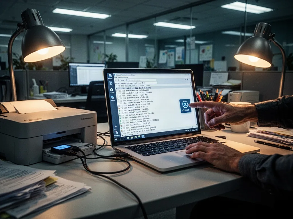 An office desk with a printer cable plugged into a laptop, a glowing screen displaying an endless print queue, a hand pr