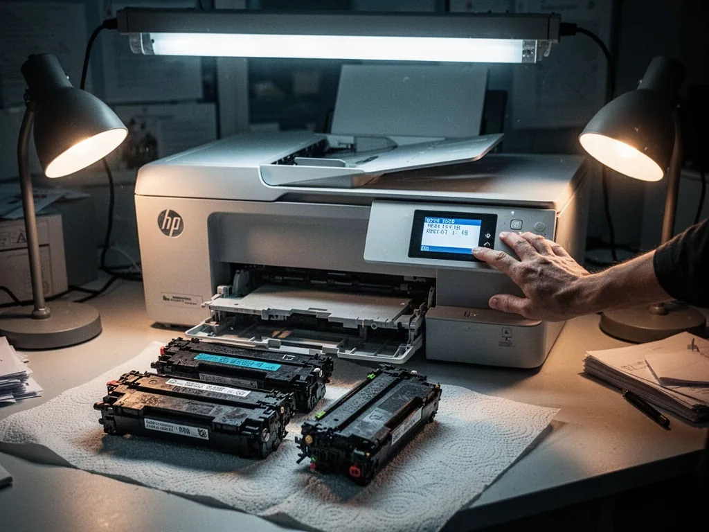 An HP printer with its front panel open, toner cartridges on a paper towel, a small screen showing an error code, finger