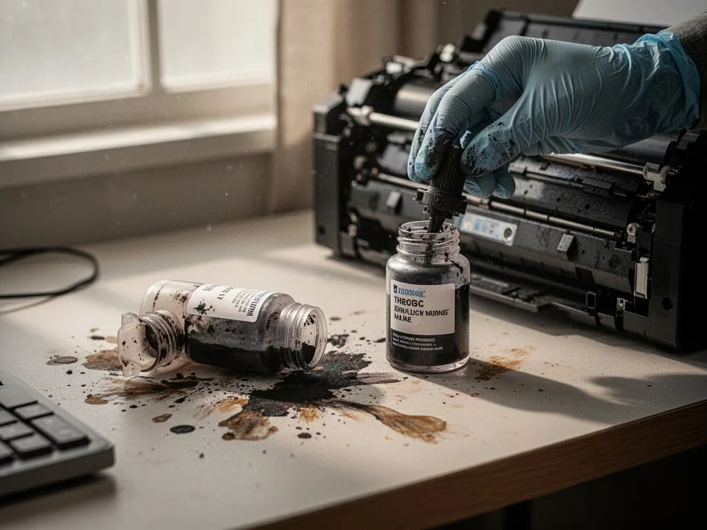 A dried ink cartridge lying on a workbench next to a new replacement cartridge, gloved hand unscrewing the printer head,