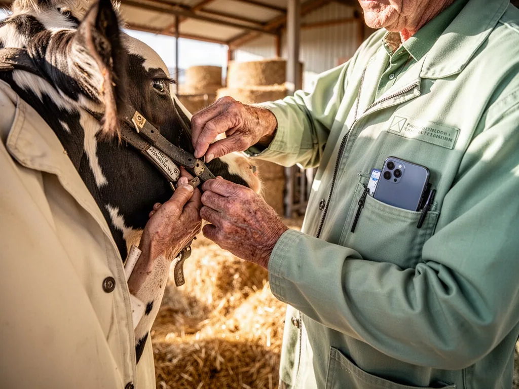 A veterinarian's weathered hands gently inspecting a dairy cow's neck collar, smartphone tucked in a jacket pocket, sunl