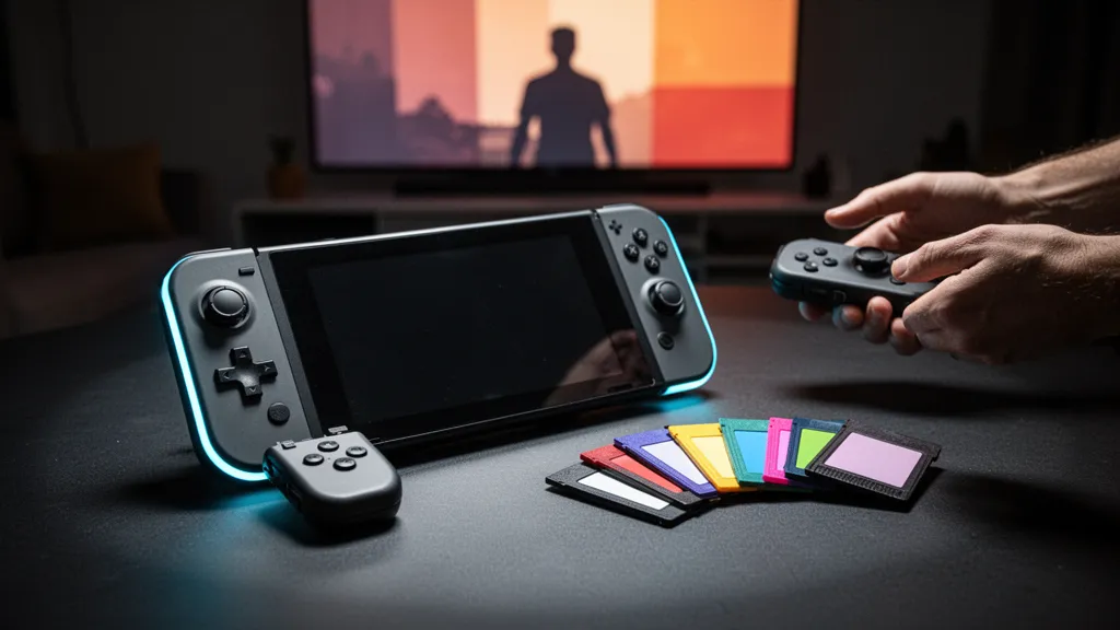Manette Joy‑Con posée sur une Switch dockée, écran montrant une sélection de jeux