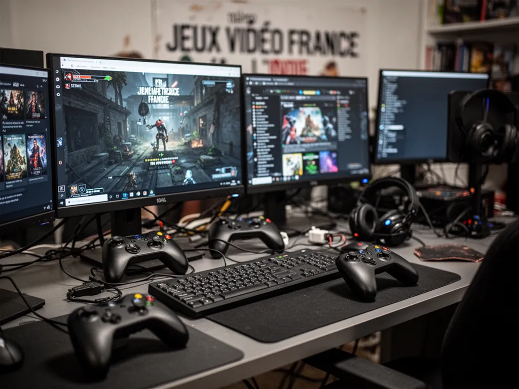Un développeur devant un écran de création de jeu, ambiance studio indie