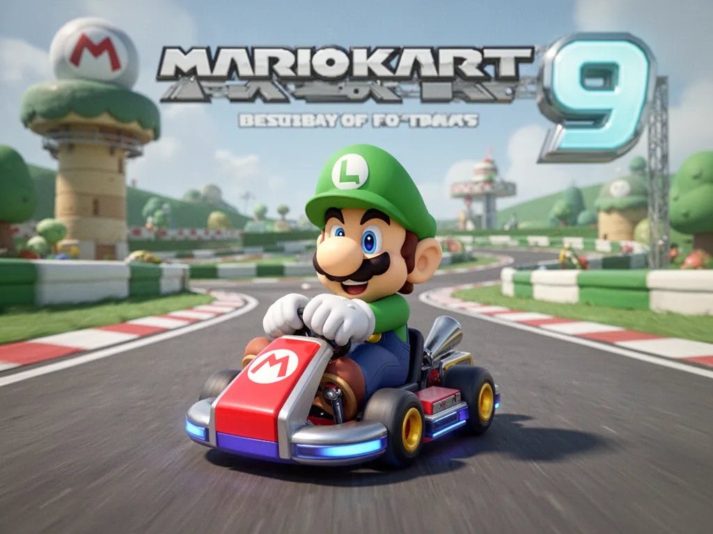 Course multicolore avec Mario, Peach et Bowser sur un nouveau circuit Mario Kart, sous une arche Switch 2 lumineuse