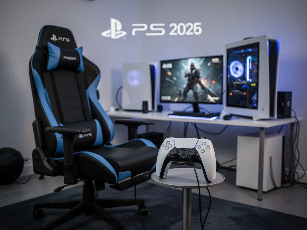 Fauteuil gaming placé face à une télévision avec une PS5, manette sur l'accoudoir et lumière tamisée de salon