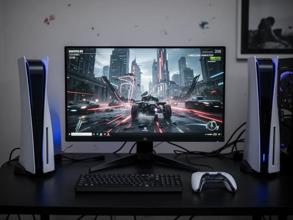 Un moniteur 144Hz posé sur un bureau gaming, une PS5 allumée à côté, reflet de jeu dans l'écran.
