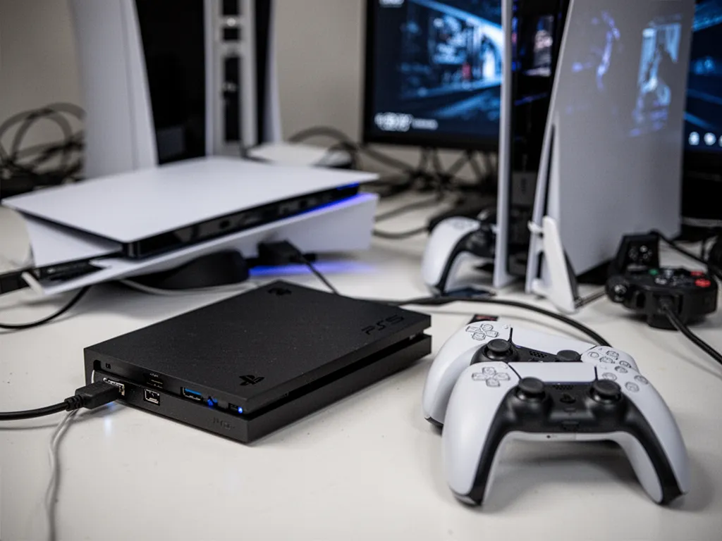 Une PS5 posée à côté d’un SSD externe compact branché en USB sur un meuble TV