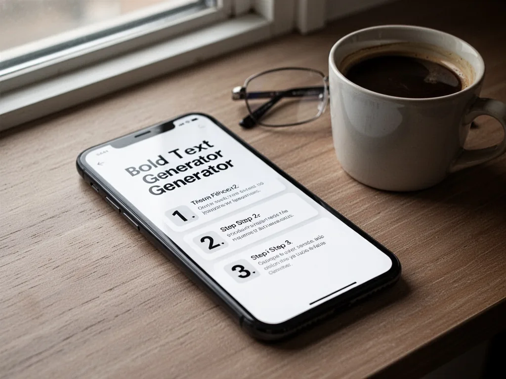 A smartphone screen showing a bold text generator with three numbered steps, lying on a wooden desk beside a coffee cup
