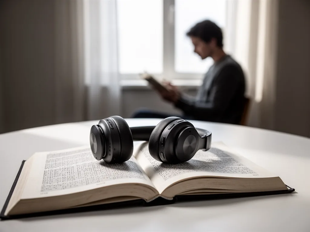 A pair of wireless headphones resting on an open braille book, a blurred silhouette reading by a bright window, clean wh
