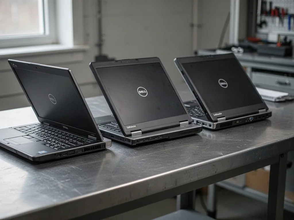 Three refurbished Dell Latitude laptops side by side on a matte steel workbench, each lid slightly open showing distinct