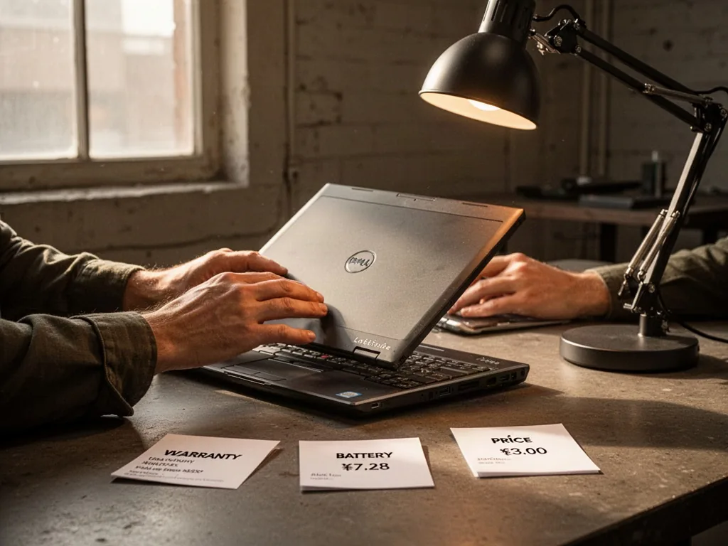 A pair of hands turning over a refurbished Dell Latitude under a desk lamp, with three small white cards on the table li