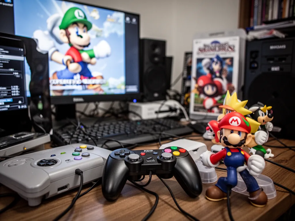 Manette GameCube posée sur un bureau à côté d'un écran affichant un menu de jeu de combat