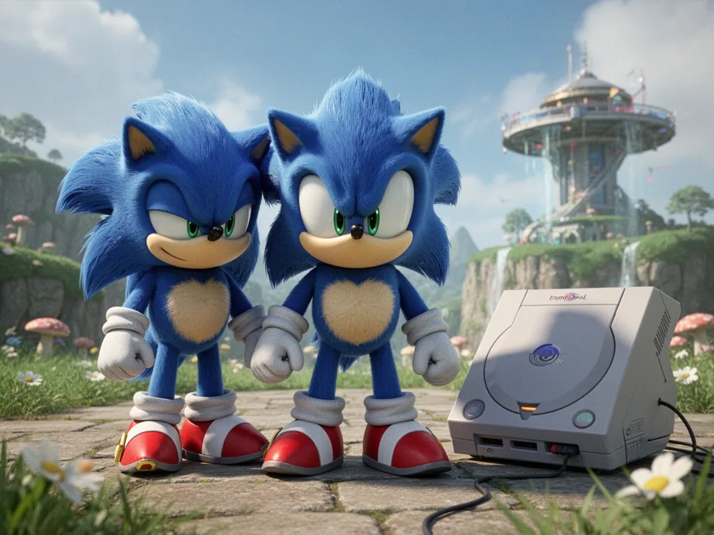Manette Dreamcast posée à côté d'une console blanche, écran affichant un hedgehog bleu en pleine course