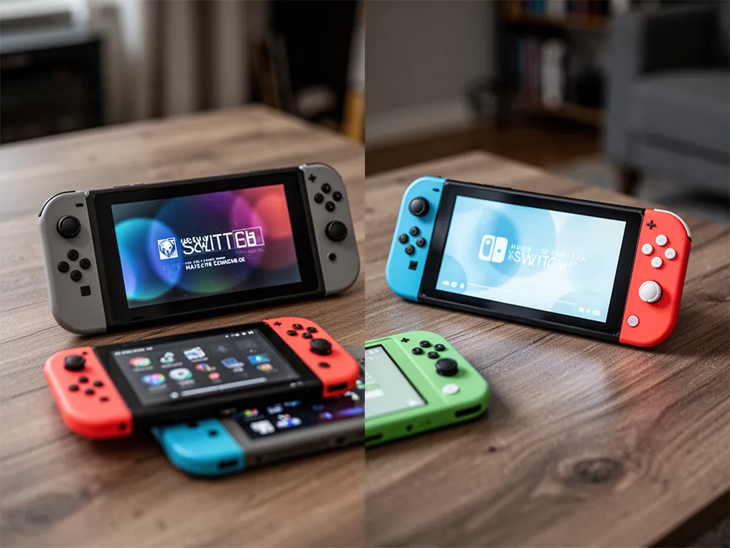 Comparaison visuelle entre l’écran OLED de la Nintendo Switch et l’écran LCD de la Switch Lite, posées côte à côte sur une table en bois