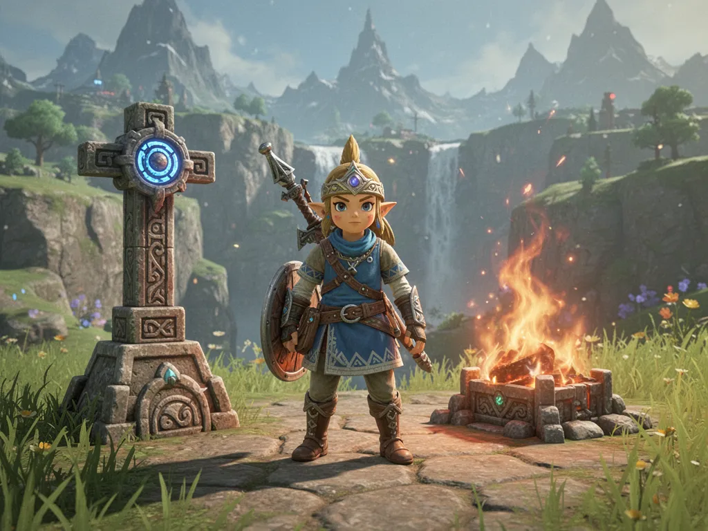 Link dans le désert Gerudo avec une tenue anti chaleur face au soleil et aux dunes