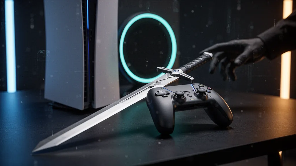 Combat rapproché dans un décor urbain post‑apocalyptique, lame brillante et éclats de lumière