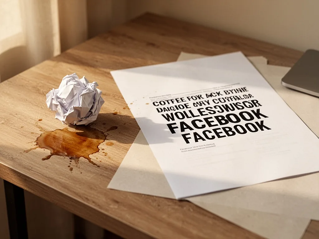 A wooden desk with a crumpled paper ball and coffee stain next to a crisp white sheet of well-formatted bold Facebook te