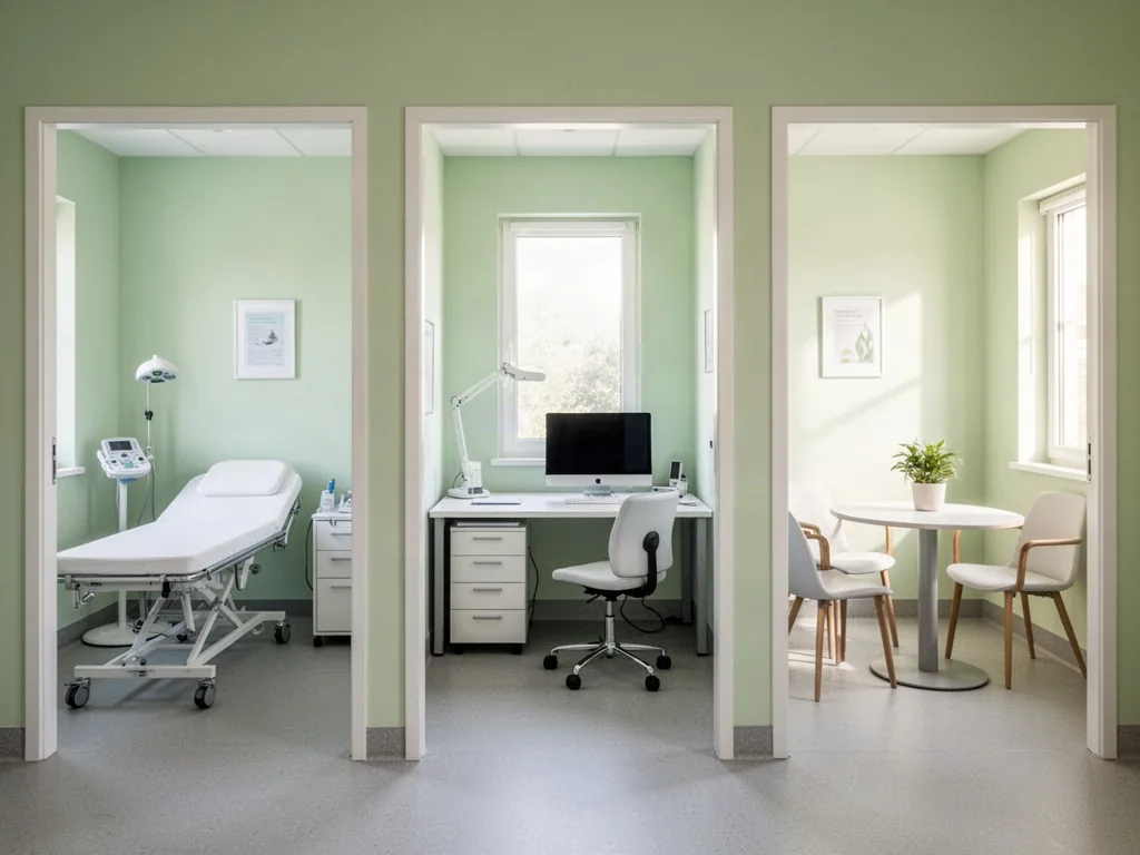 Three small medical rooms in a row, one with an examination bed, one with a computer desk, one with a conversation table