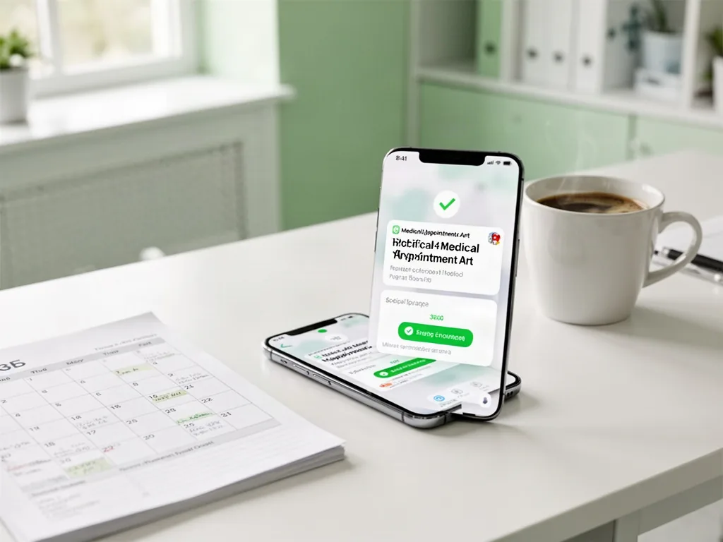 A smartphone on a desk displaying a medical appointment alert with green confirmation, next to a paper calendar and a co
