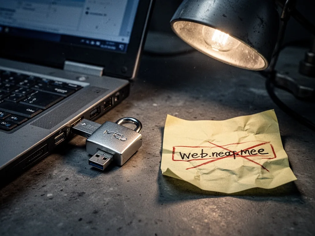 A silver USB security dongle shaped like a padlock plugged into a laptop port, beside a crumpled sticky note with a cros