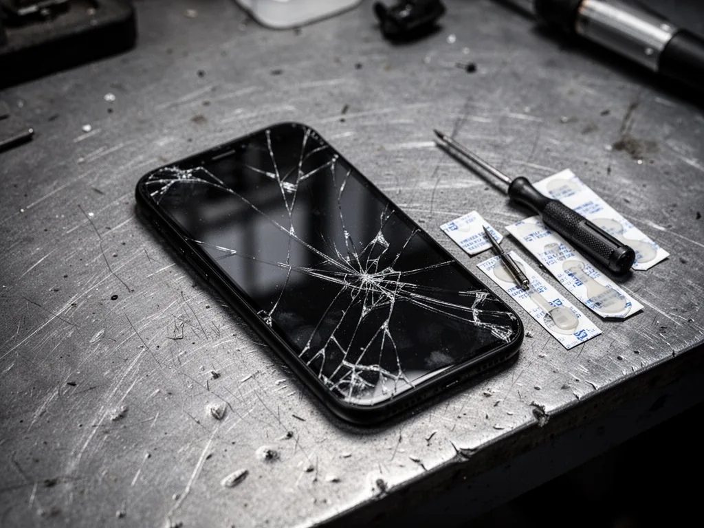 A cracked black smartphone glass panel on a scratched metal workbench, a tiny screwdriver and adhesive strips beside it,